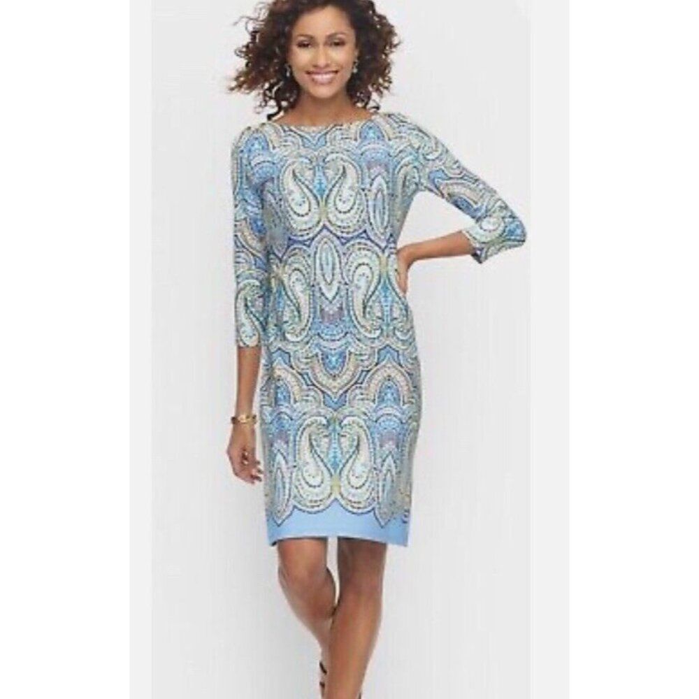 Talbots Dotted Paisley 3/4 Sleeve Stretch Jersey Shift Dress Petite SP?